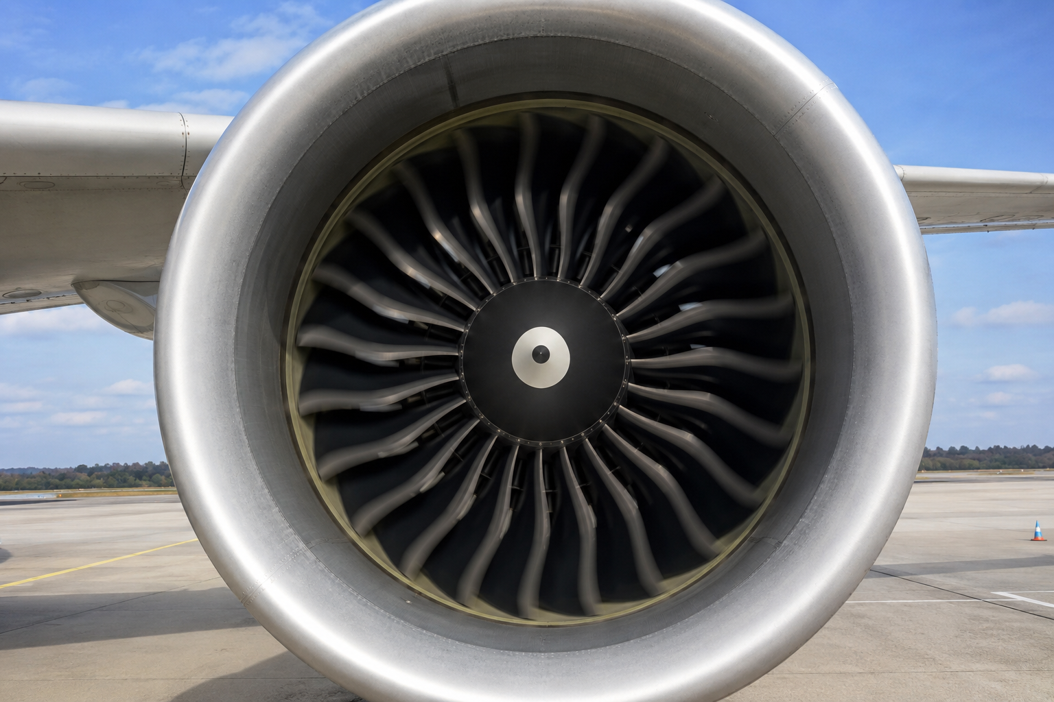 Riesiger Turbofan eines Verkehrsflugzeugs von vorn, Fanschaufeln in leichter Bewegung