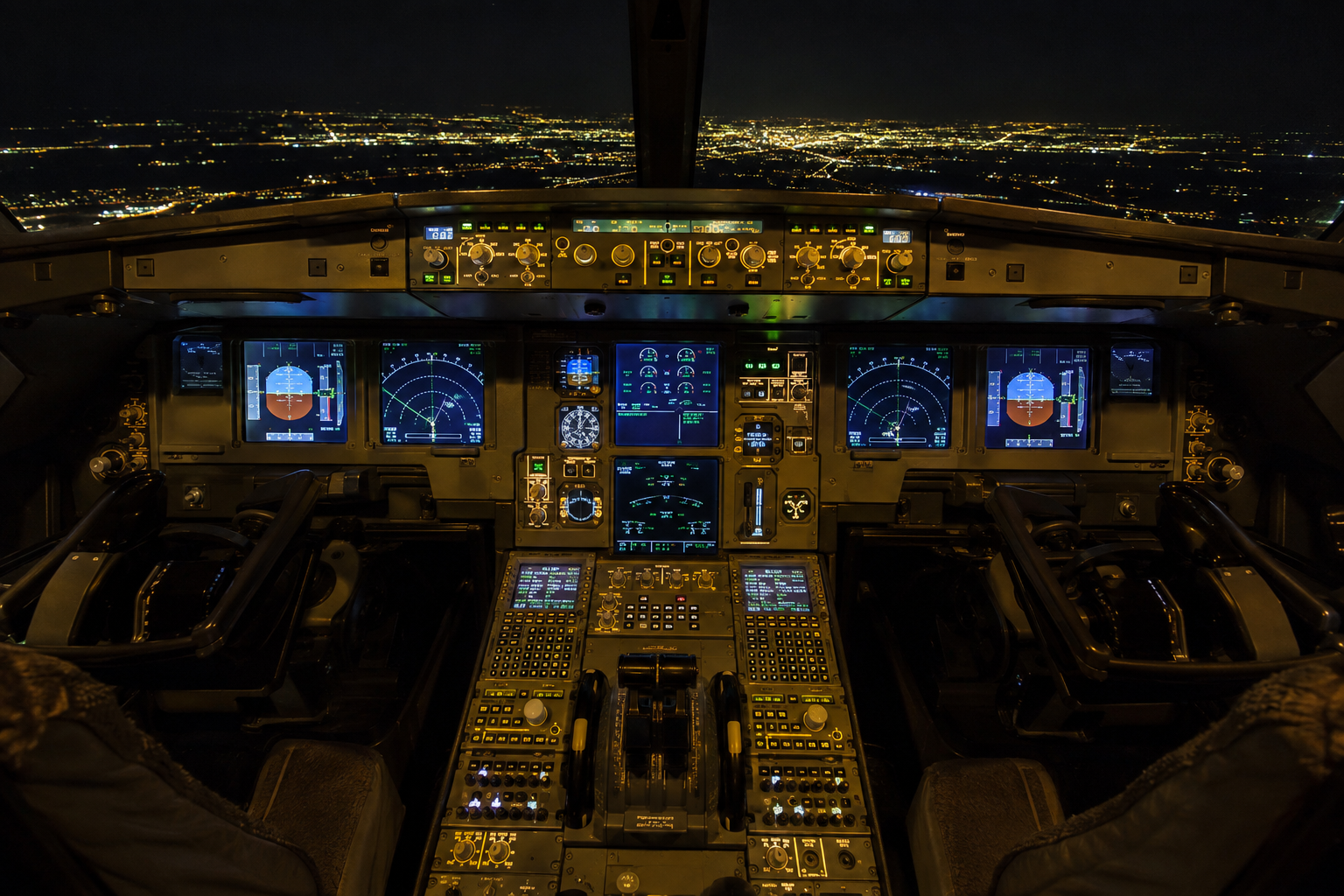 Glascockpit eines Airliners bei Nacht, leuchtende Displays